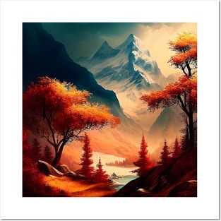 Colorful Autumn Trees Fall Colors Snowcapped Mountains River Posters and Art